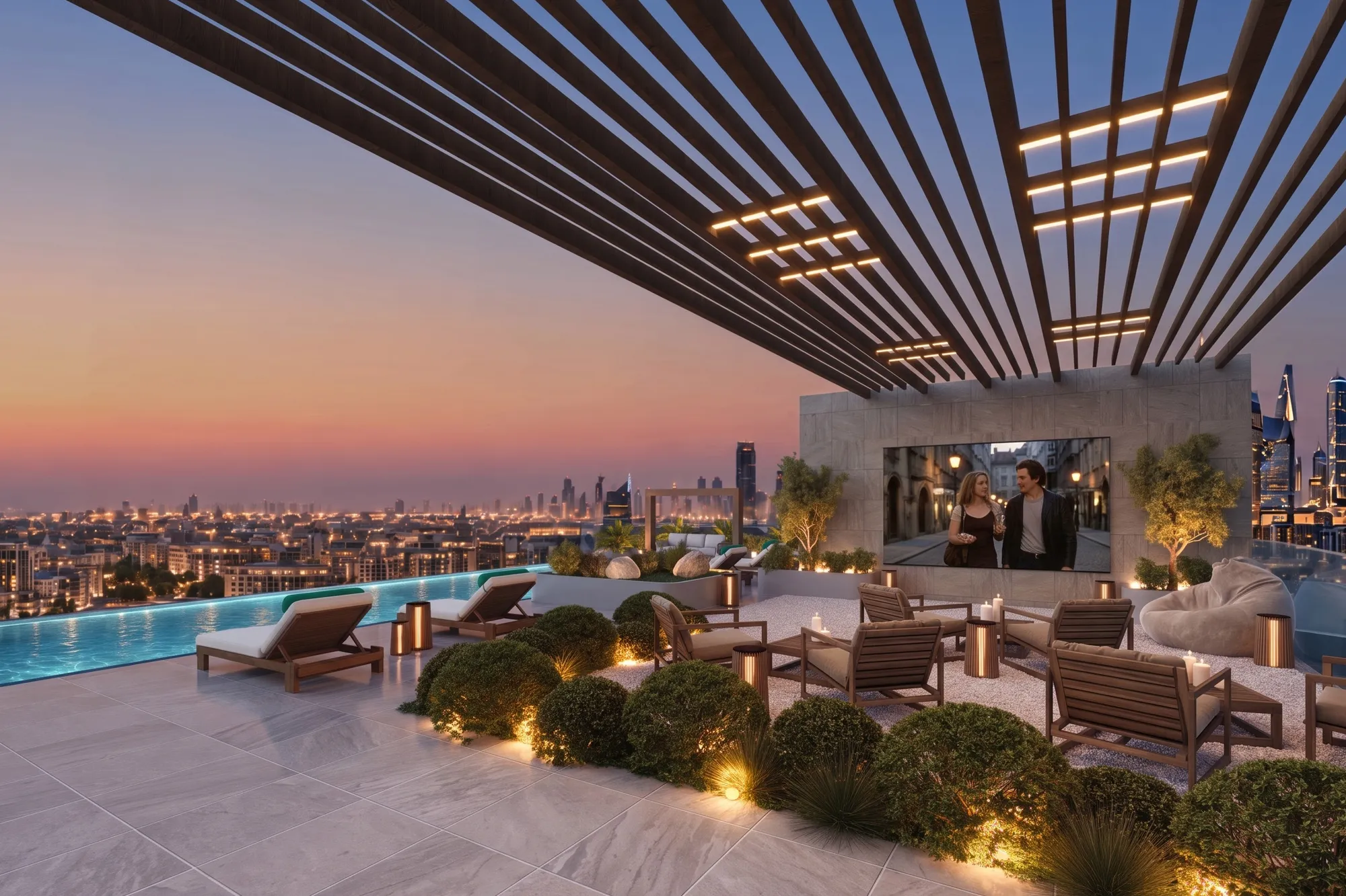 Rooftop open-air cinema with lounge chairs beside the pool at dusk