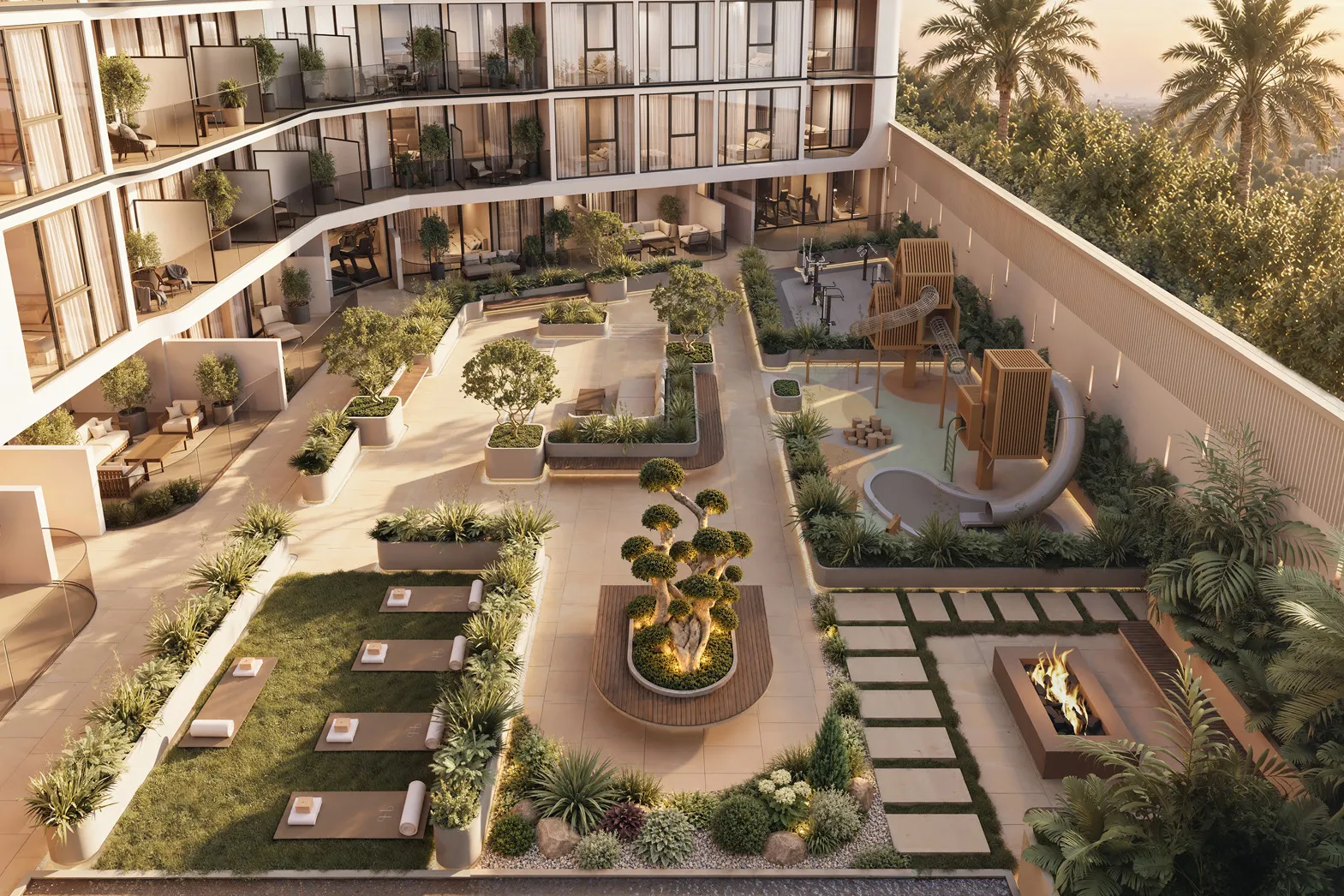 Podium garden with yoga lawn, play area, outdoor gym and fire pit