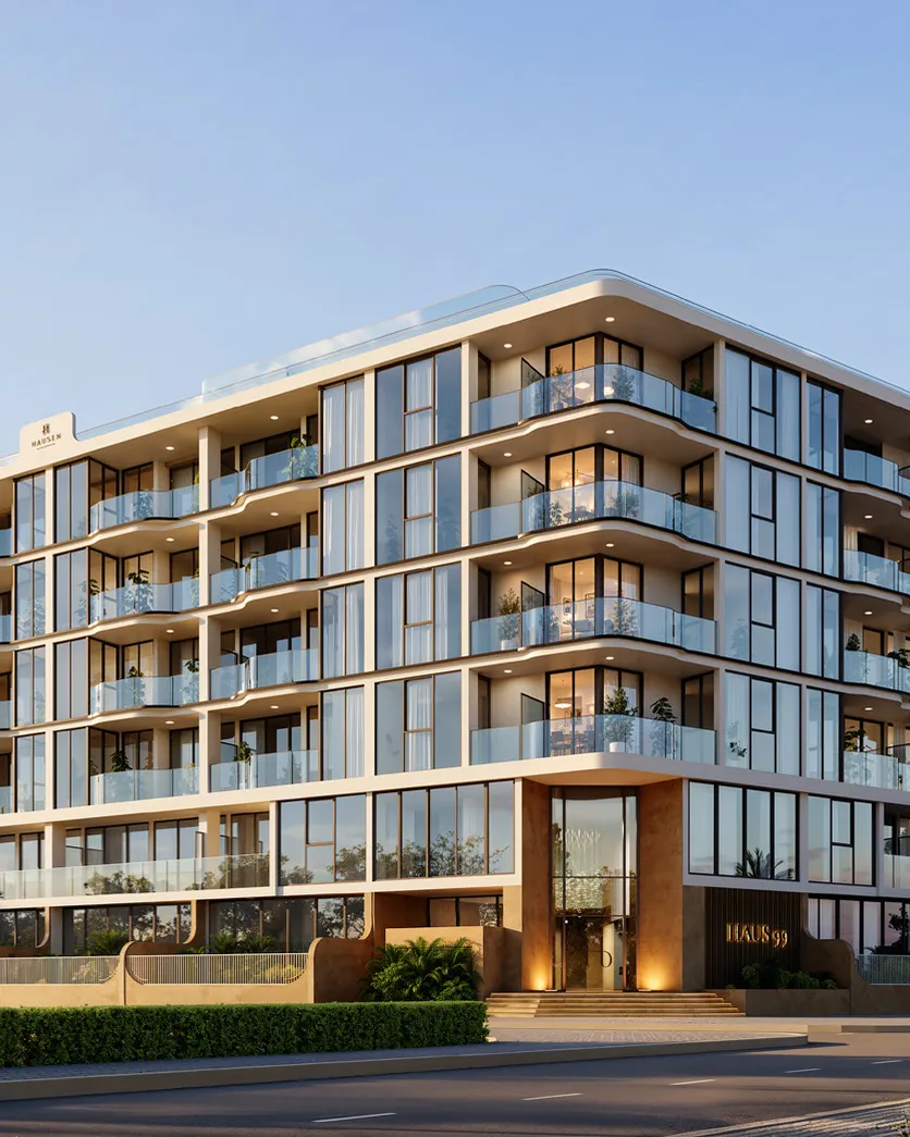Six-storey building with curved glass balconies and palm trees at sunset