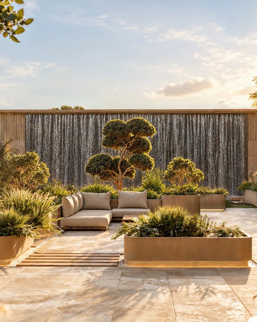 Podium garden with water wall, planters and lounge seating at sunset