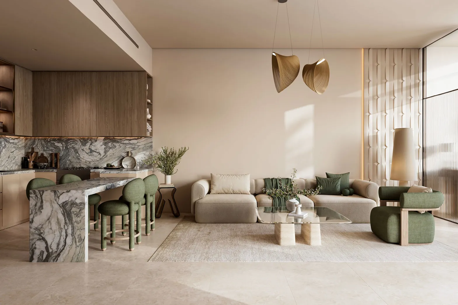 Living room with marble breakfast bar, green stools and a soft sofa