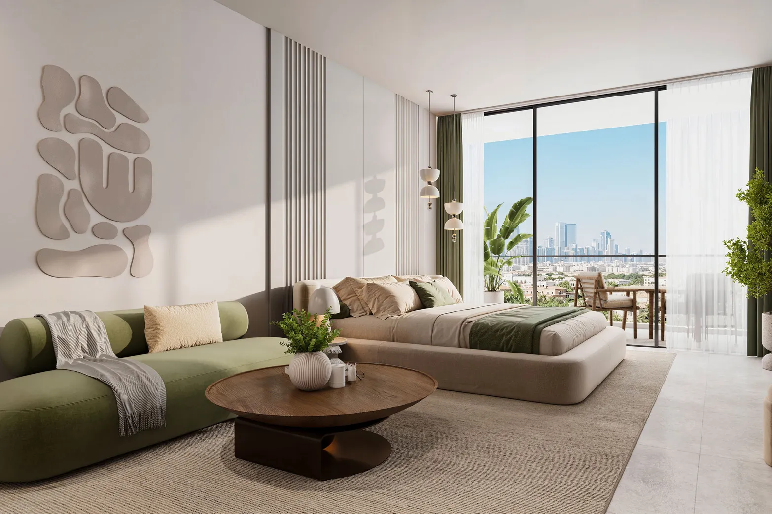 Studio with a green sofa, bed and floor-to-ceiling window