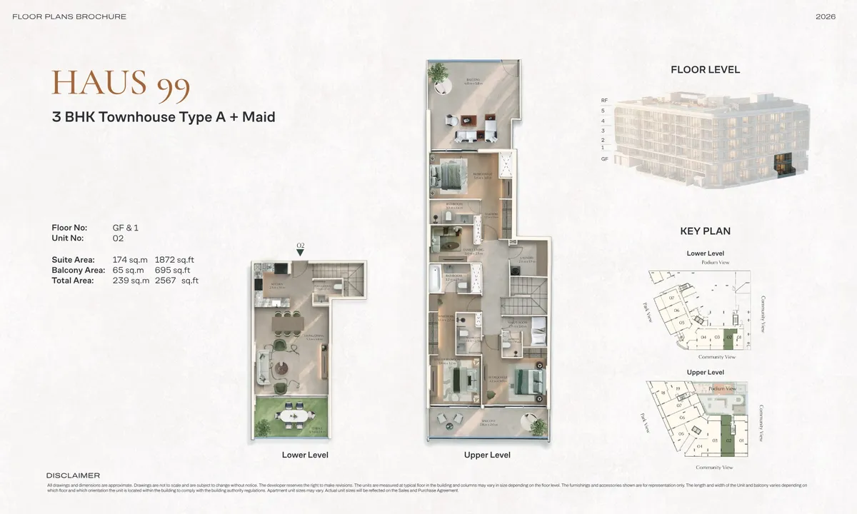 Floor plans: 3-bedroom townhouse, with a maid's room