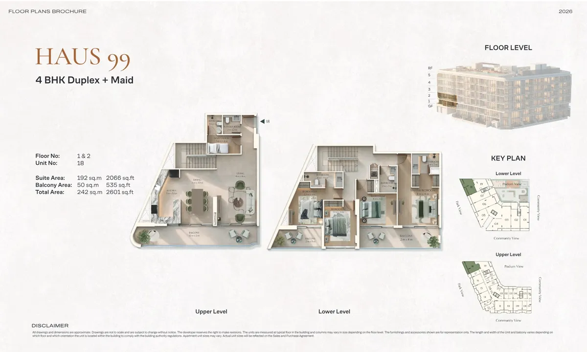 Floor plans: 4-bedroom duplex, with a maid's room